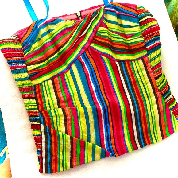 Nanette Lepore Designer Multicolor Striped Crop Spaghetti Strap SILK Top Sz 10 - Picture 2 of 10